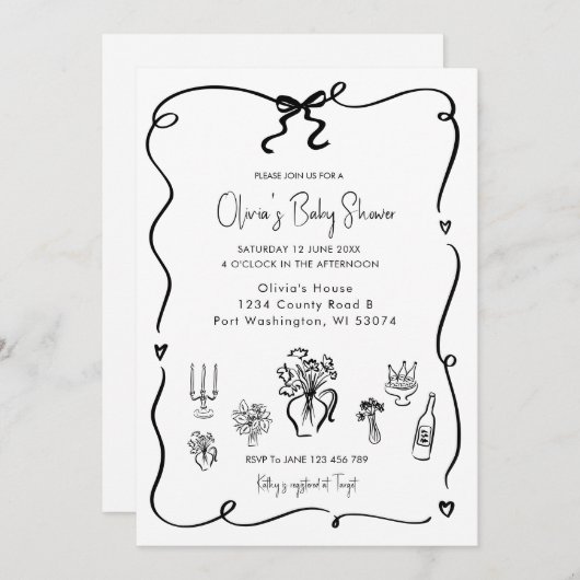 手引き黒弓ベビーシャワー 招待状 (正面/裏面)