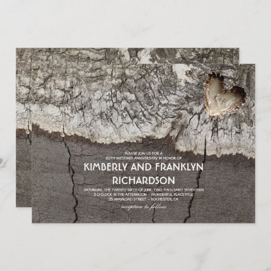 手彫りのハート型の樺の木の結婚記念日 招待状 (正面/裏面)