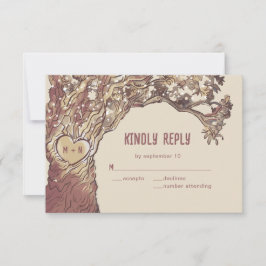 手彫りのハート型オークの木 ウェディング出欠確認カード 出欠カード