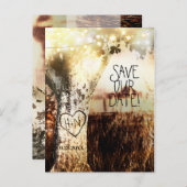 手彫りの木とストリングライトのさわやかなSave The Date 案内ポストカード (正面/裏面)