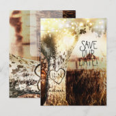 手彫りの木とストリングライトのSave The Date 案内ポストカード (正面/裏面)