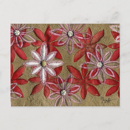手彫りキルティングレッドとピンクの花 ポストカード (正面)