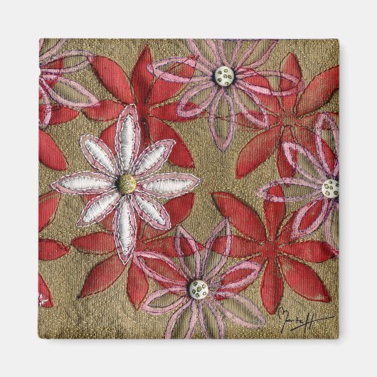 手彫りキルティングレッドとピンクの花 マグネット (正面)