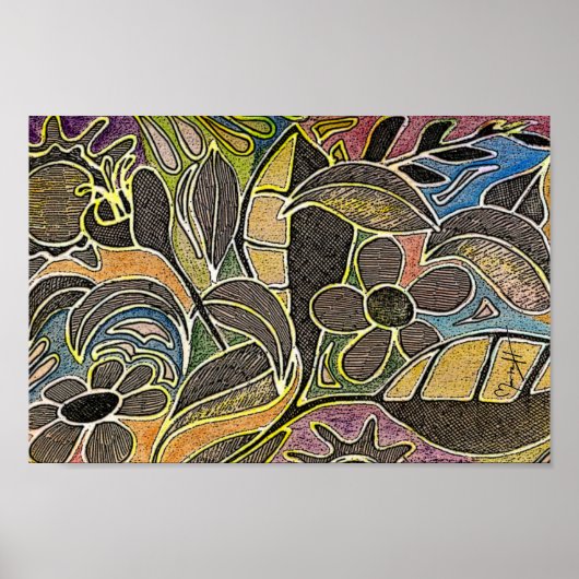 手彫り葉の花 – オレンジブルー ポスター (正面)