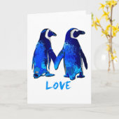 手愛デザインを保持しているペンギン カード (黄色い花)