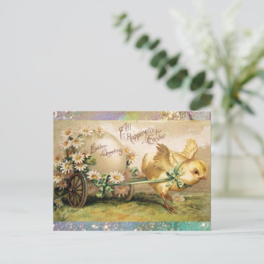 手押し車でイースター卵を引く鶏 シーズンポストカード (スタンド正面)