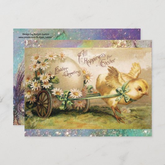 手押し車でイースター卵を引く鶏 シーズンポストカード (正面/裏面)