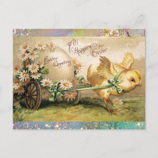 手押し車でイースター卵を引く鶏 シーズンポストカード (正面)