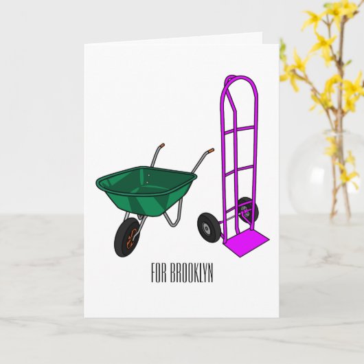 手押し車と手押しトロリー漫画イラストレーション カード (黄色い花)