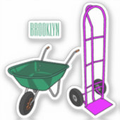 手押し車と手押しトロリー漫画イラストレーション シール (正面)