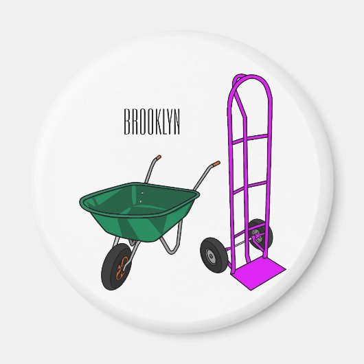 手押し車と手押しトロリー漫画イラストレーション マグネット (正面)