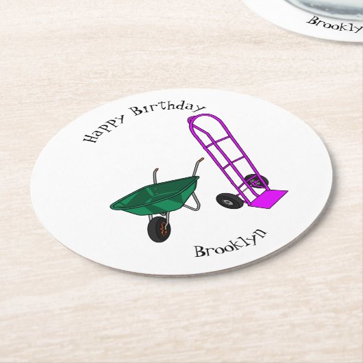 手押し車と手押しトロリー漫画イラストレーション ラウンドペーパーコースター (アングル)