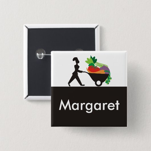 手押し車の女性のシェフの巨大な野菜はtaを…示します 缶バッジ (正面&裏面)