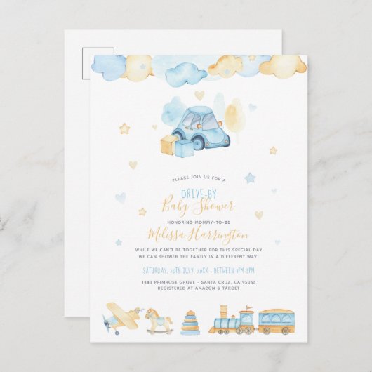 手持ち色彩の鮮やか男の赤ちゃんのおもちゃがベビーシャワーをドライブバイ インビテーションポストカード (正面/裏面)