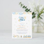 手持ち色彩の鮮やか男の赤ちゃんのおもちゃがベビーシャワーをドライブバイ インビテーションポストカード (スタンド正面)