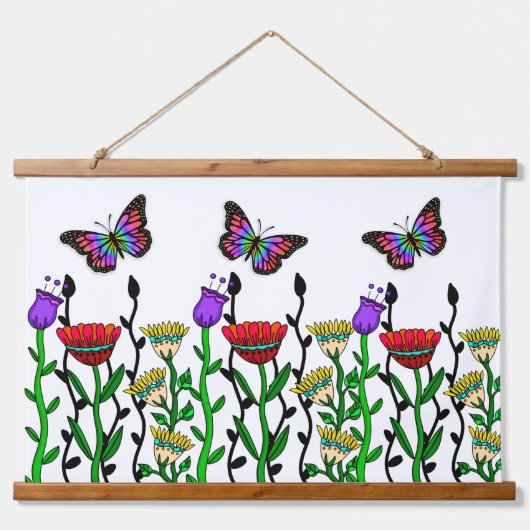 手描お洒落きの花と蝶 吊り下げ型タペストリー (正面)