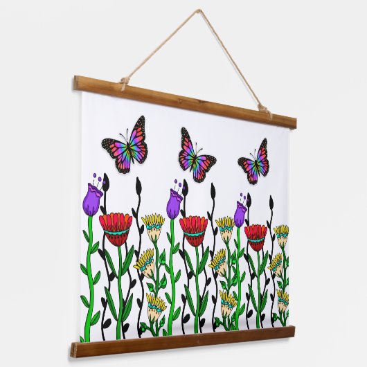 手描お洒落きの花と蝶 吊り下げ型タペストリー (傾斜あり)