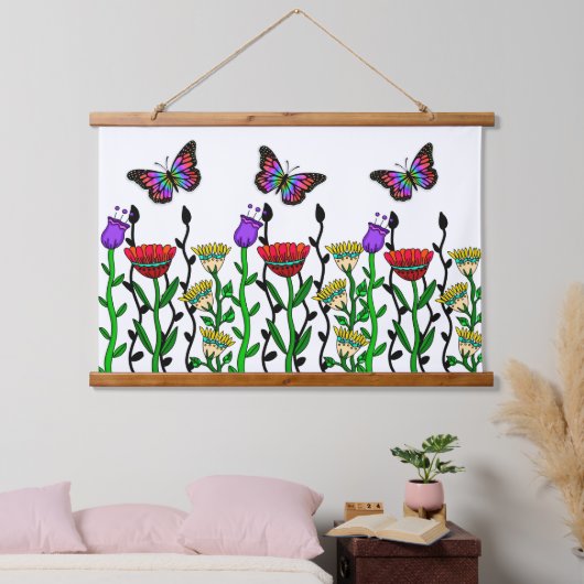 手描お洒落きの花と蝶 吊り下げ型タペストリー (寝室)