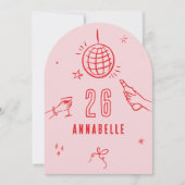 手描お洒落きアーチ誕生日ドリンクピンク赤 招待状 (正面)