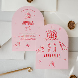 手描お洒落きアーチ誕生日ドリンクピンク赤 招待状