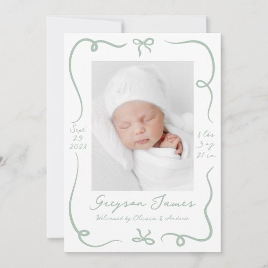 手描お洒落きセージ緑の弓2フォト誕生 案内状 (正面)