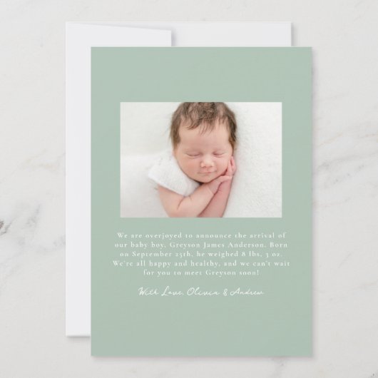 手描お洒落きセージ緑の弓2フォト誕生 案内状 (裏面)