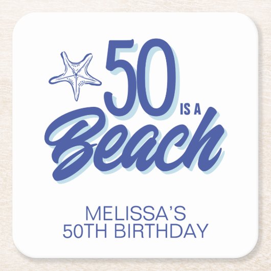 手描お洒落きドードル50thビーチ誕生日 スクエアペーパーコースター (正面)