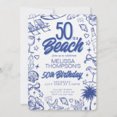 手描お洒落きドードル50thビーチ誕生日 招待状 (正面)