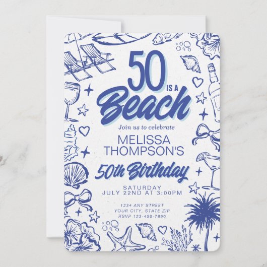 手描お洒落きドードル50thビーチ誕生日 招待状 (正面)