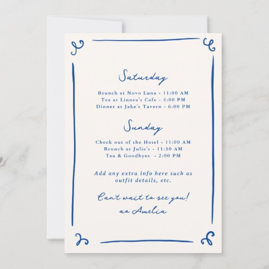 手描お洒落きネイビーブルーバッハの旅程 招待状 (裏面)