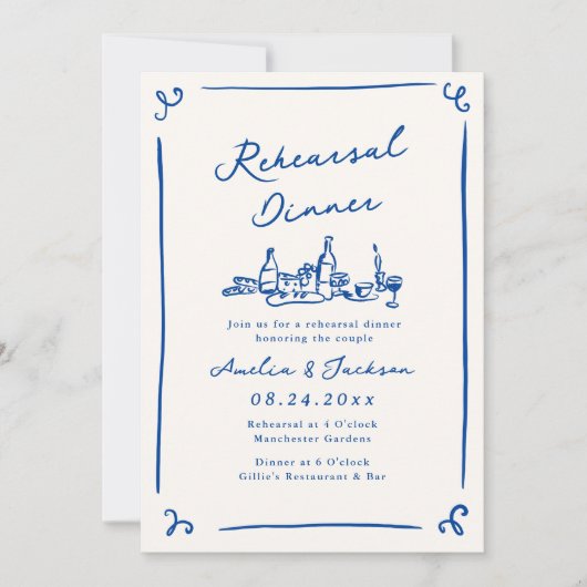 手描お洒落きネイビーブルーリハーサルディナー 招待状 (正面)