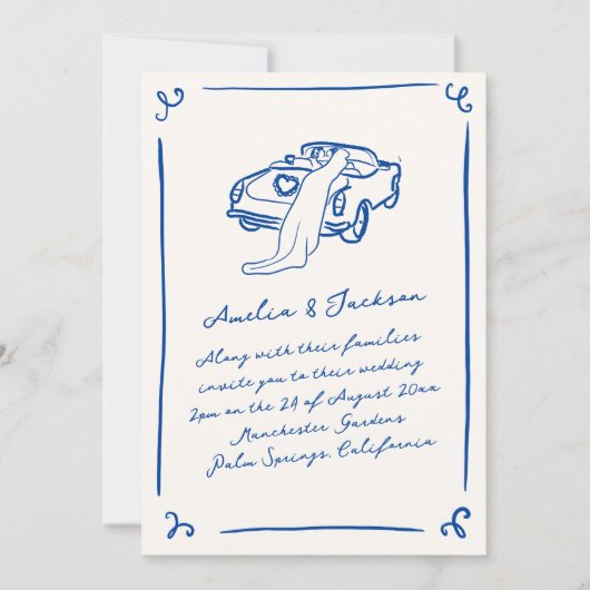 手描お洒落きネイビーブルー結婚ズ 招待状 (正面)