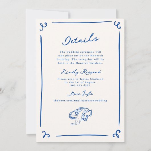 手描お洒落きネイビーブルー+詳細ズ結婚 招待状 (裏面)