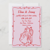 手描お洒落きピンク結婚式招待状 招待状 (正面)