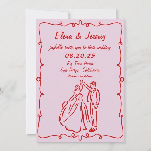 手描お洒落きピンク結婚式招待状 招待状 (正面)