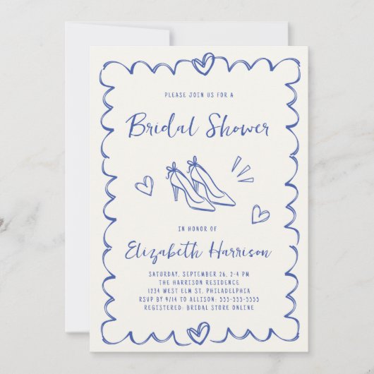 手描お洒落きブルークリームブライダルシャワー 招待状 (正面)