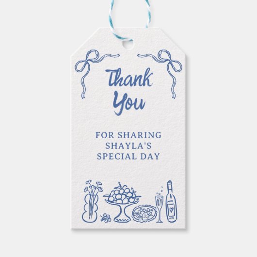 手描お洒落き何か青いブライダルシャワー ギフトタグ (正面)