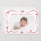 手描お洒落き赤い弓4フォト誕生 案内状 (正面)