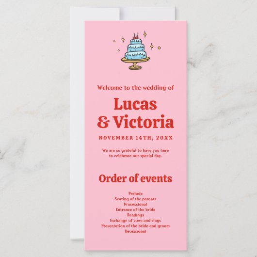 手描お洒落き赤とピンクの結婚式 プログラム (正面)