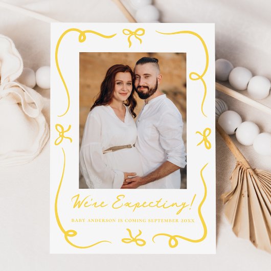 手描お洒落き黄色い弓2写真妊娠 案内状