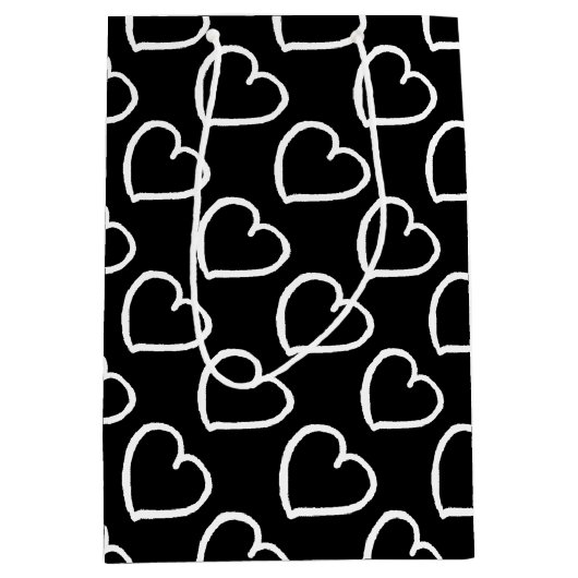 手描かわいらしきハートデザイン白の上に黒 ミディアムペーパーバッグ (正面)