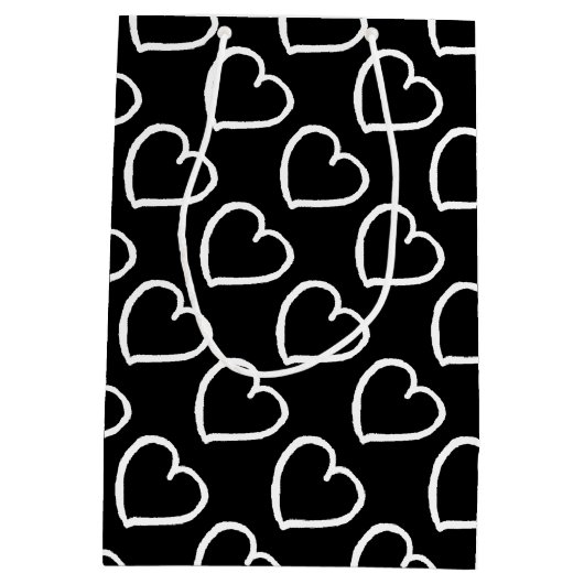 手描かわいらしきハートデザイン白の上に黒 ミディアムペーパーバッグ (裏面)