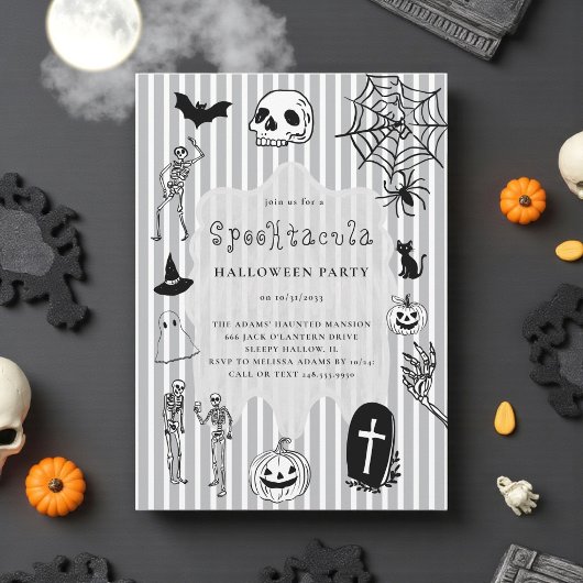 手描きおもしろいスケルトンカボチャスパイダーハロウィーン 招待状