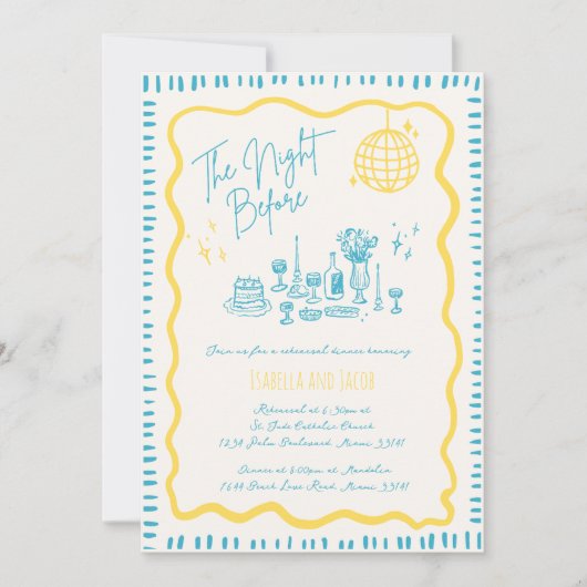 手描きお洒落イエローウェーブリハーサルディナー 招待状 (正面)