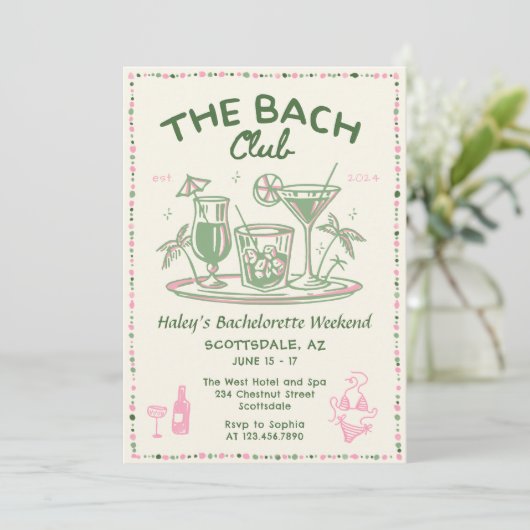 手描きお洒落グリーンカクテルバチェロレッテ 招待状 (スタンド正面)