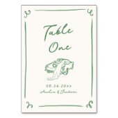 手描きお洒落グリーンビンテージ車のテーブルカード テーブルナンバー (正面)