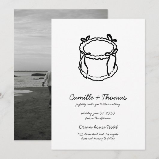 手描きお洒落ケーキ写真結婚式招待状 セーブザデート (正面/裏面)