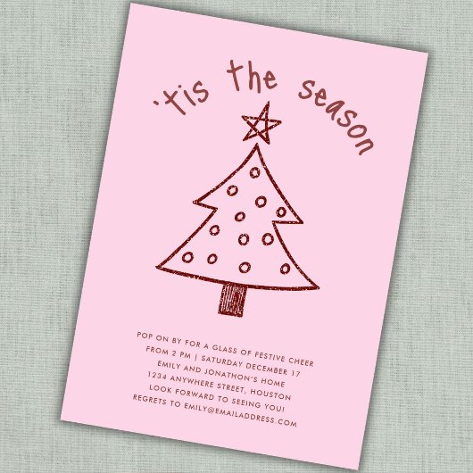 手描きお洒落ツリー赤ピンククリスマスパーティー 招待状