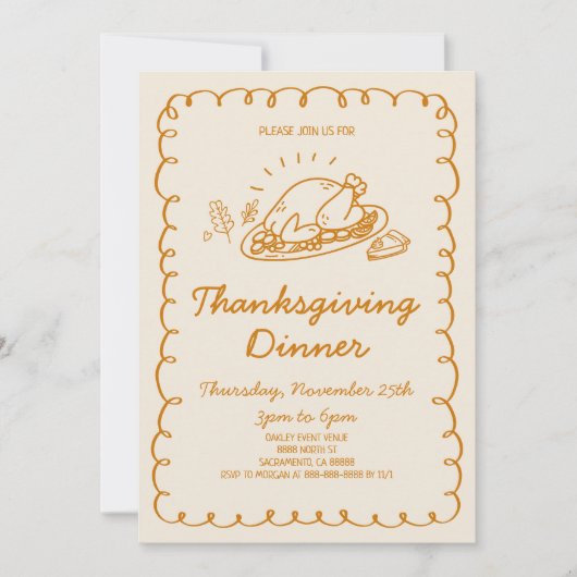 手描きお洒落トルコ感謝祭ディナー 招待状 (正面)