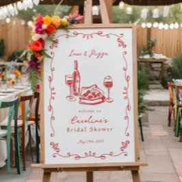 手描きお洒落ピザワインブライダルシャワー看板 ポスター
